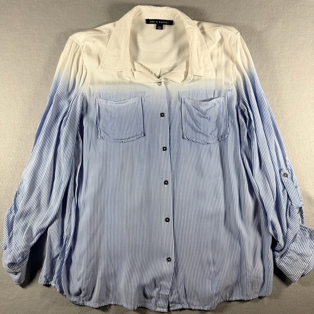 Zac & Rachel Womens L Blue White Striped Ombre Dip Dye Blouse Lace Up Back